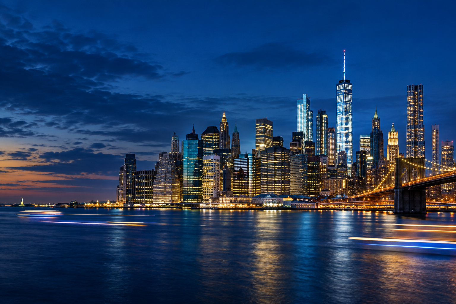 Manhattan skyline and Brooklyn Bridge illuminated at blue hour